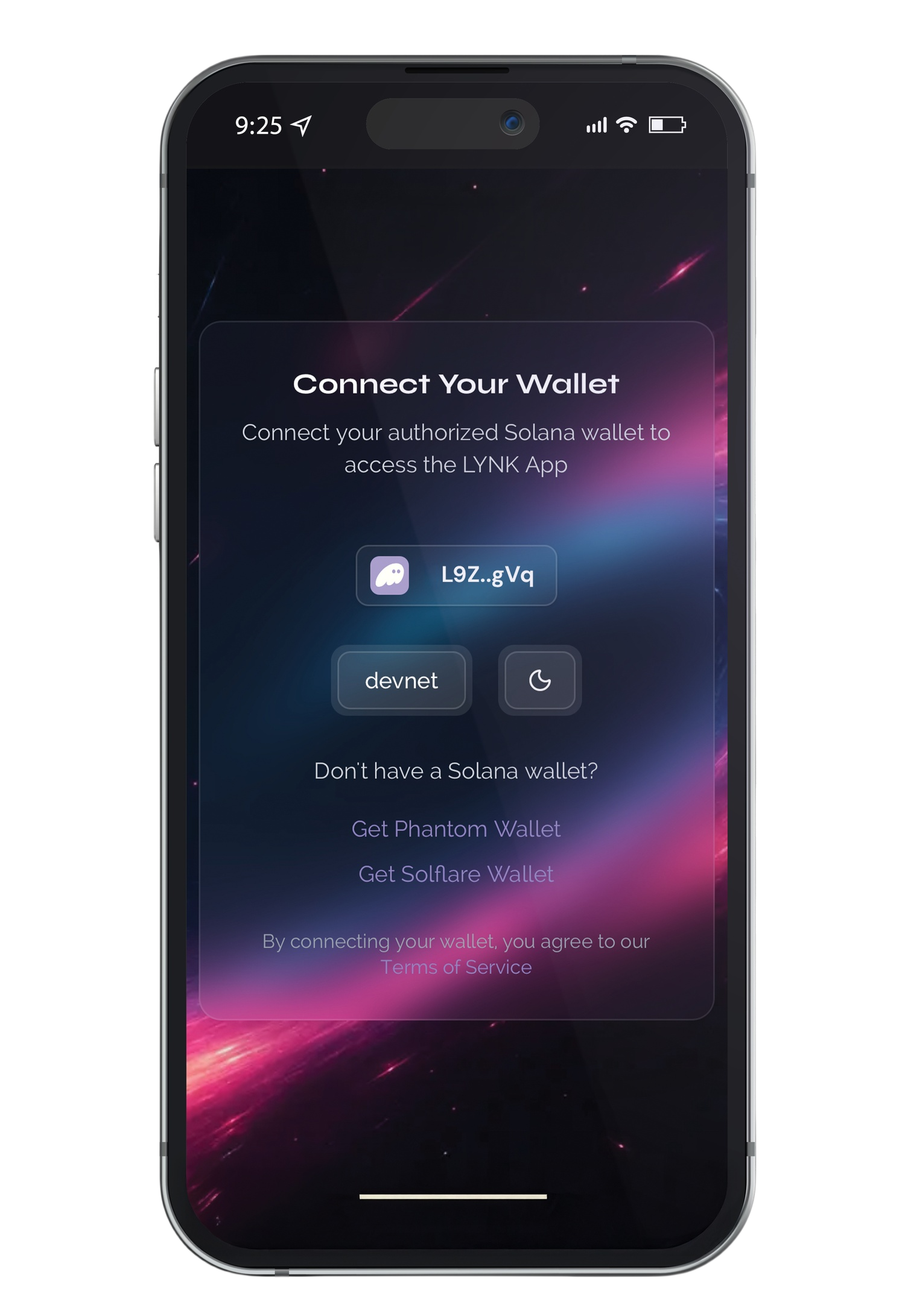 A smartphone screen displaying a wallet connection page for the AETHRIXA app, with options to connect a Solana wallet using devnet or moon icon, and links to get Phantom or Solflare wallets.